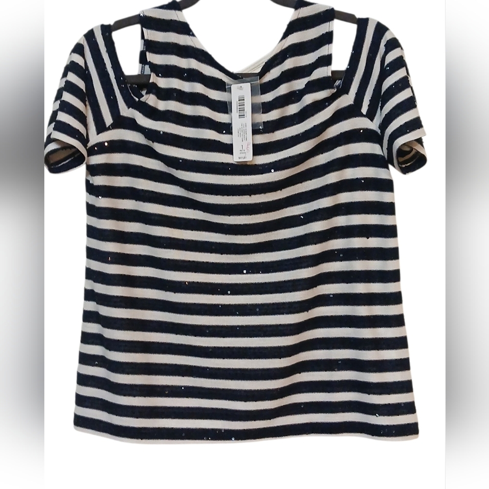 Chico's -NWT Navy/White Cold Shoulder Blouse Key Hole Neck,Sequence Throughout - Picture 4 of 11